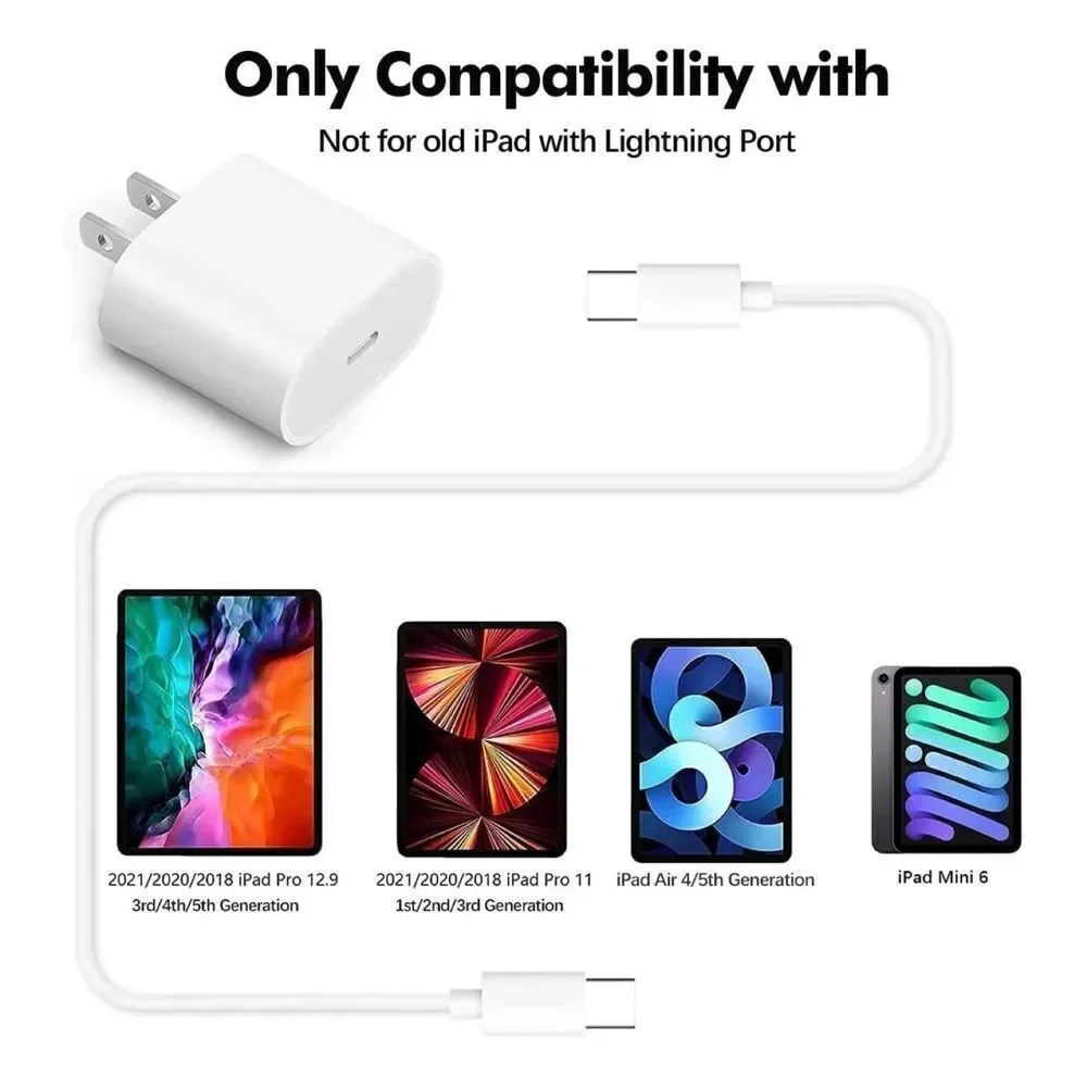 20W USB-C Charger With 6.6 FT C-C Cable for iPad